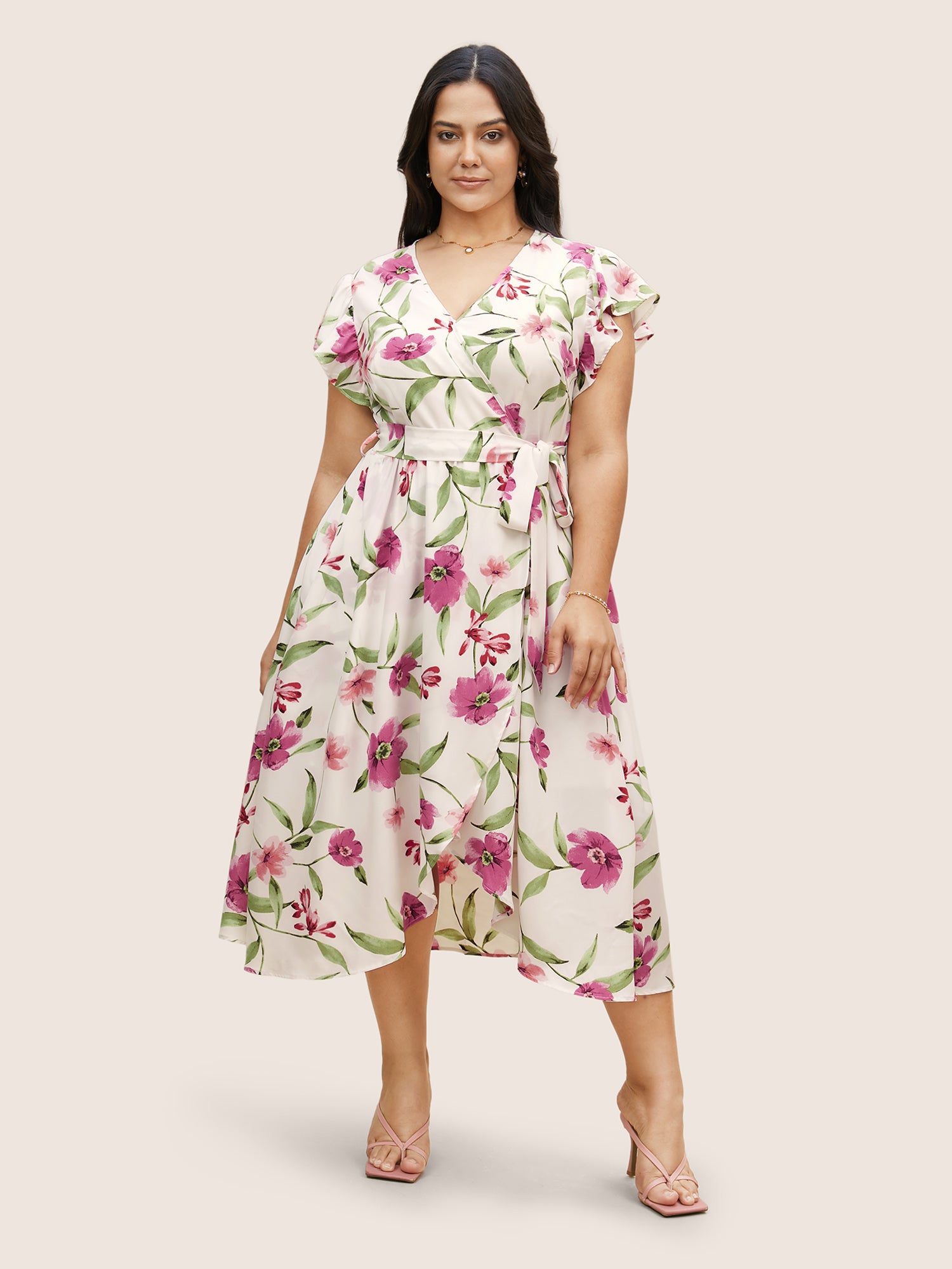 Surplice Neck Floral Ruffle Cap Sleeve Dress