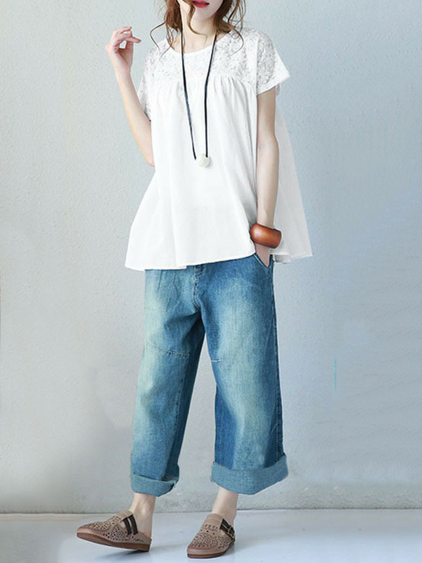 Vintage Solid Color Split-Joint Pleated Embroidered Hollow Lace Round-Neck Short Sleeves T-Shirt