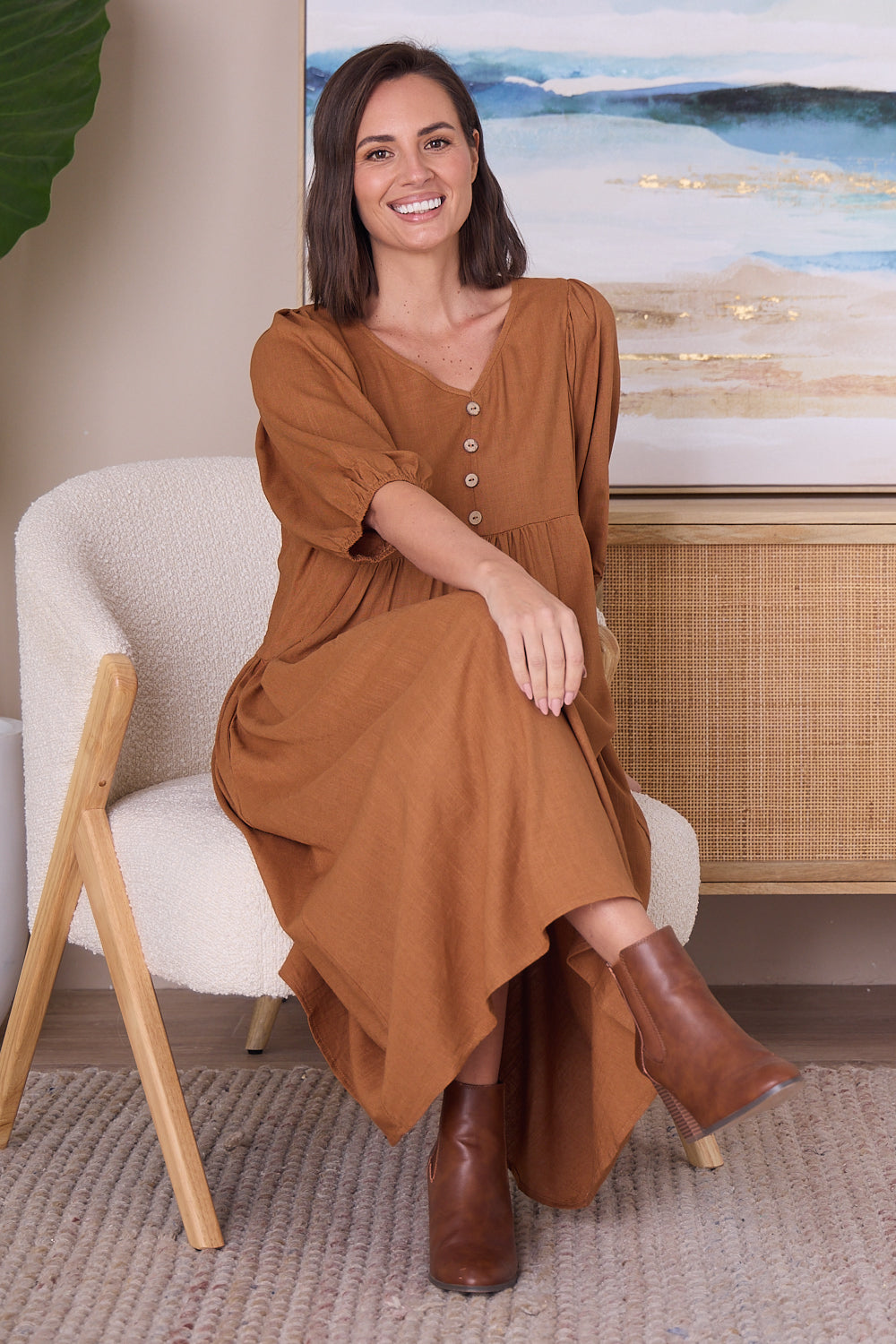 Sabina Linen Dress - Brown