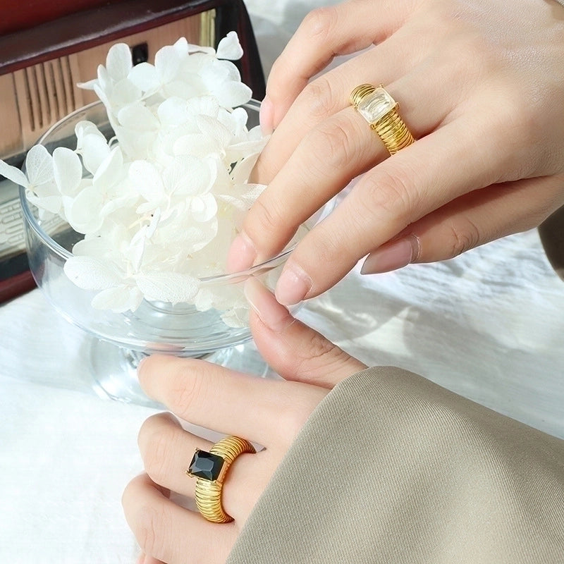 Retro Geometric 304 Stainless Steel Zircon 18K Gold Plated Plating Rings