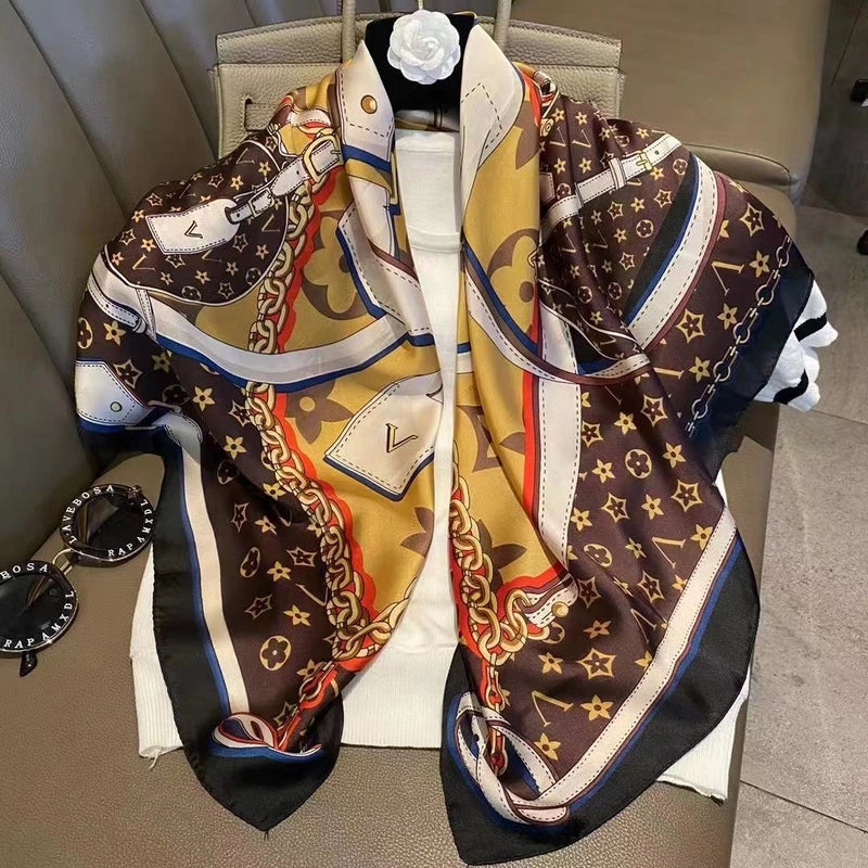 Women's IG Style Elegant Stripe Flower Chains Print Satin Printing Silk Scarf