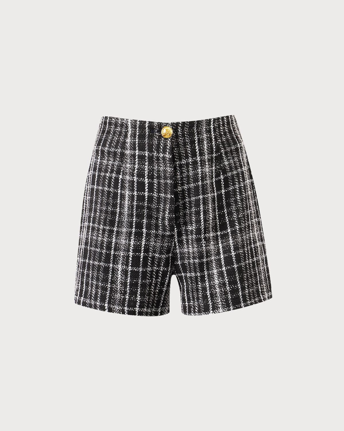 The Black Tweed Plaid Single Button Shorts