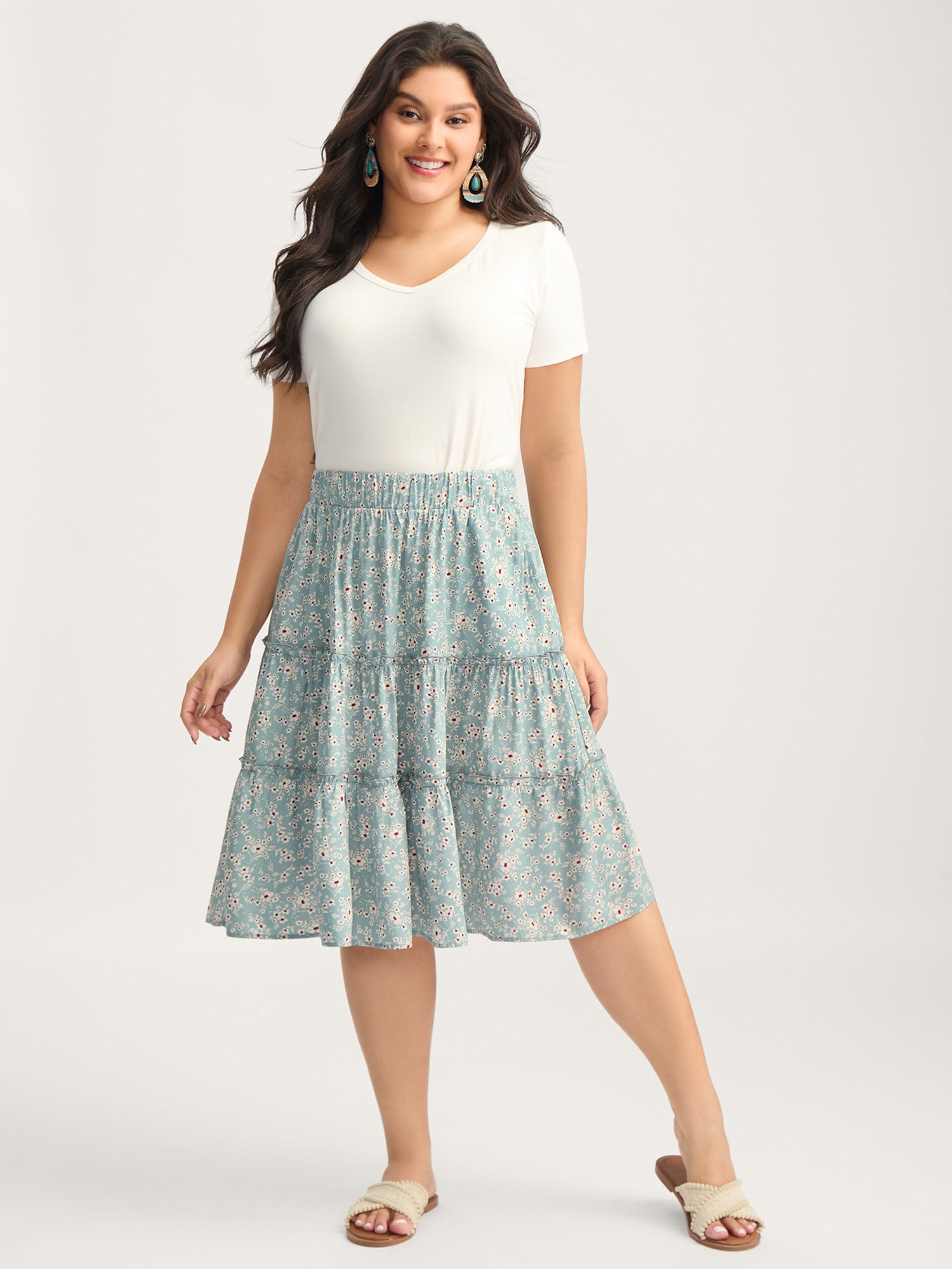 Floral Print Stretchy Waist Tiered Midi Skirt