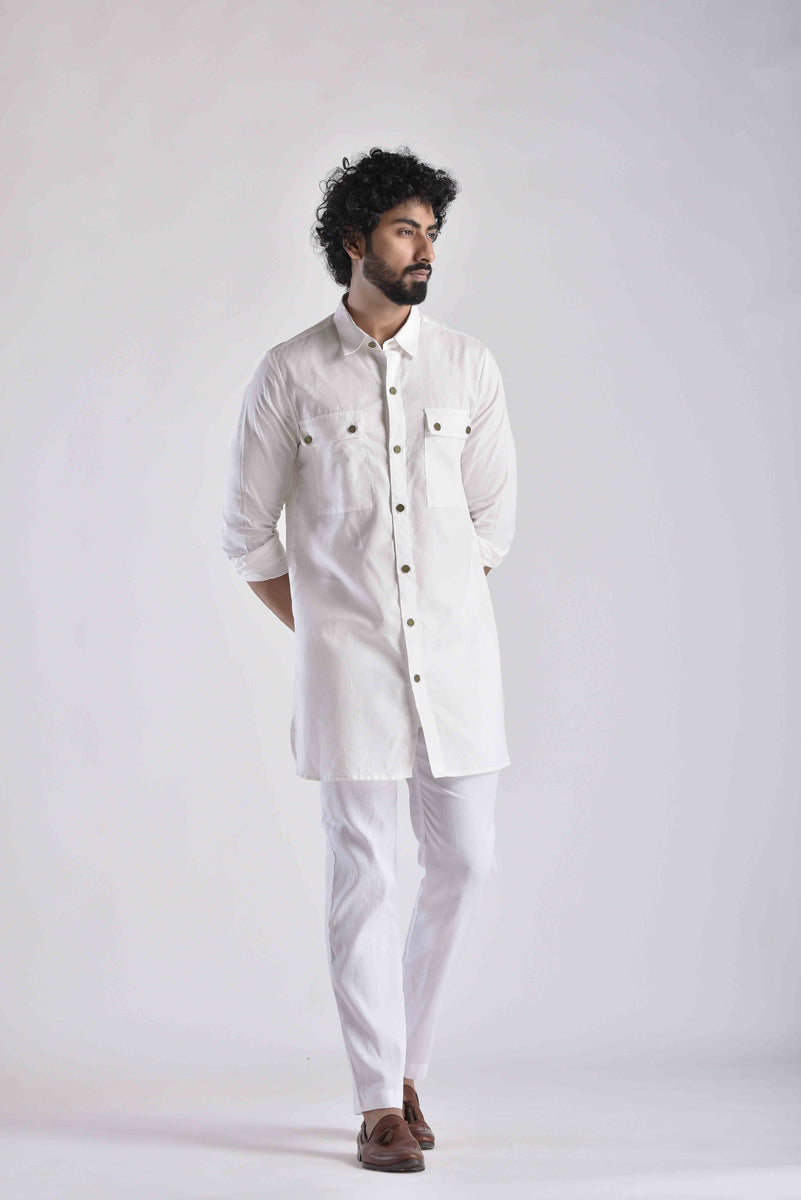 White Pashtooni Kurta Pant Set