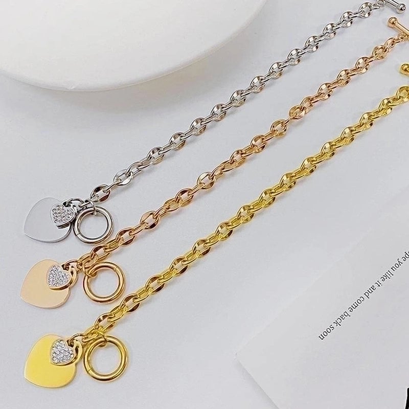 Minimalist Heart Shape Titanium Steel Asymmetrical Inlay Artificial Diamond Bracelets