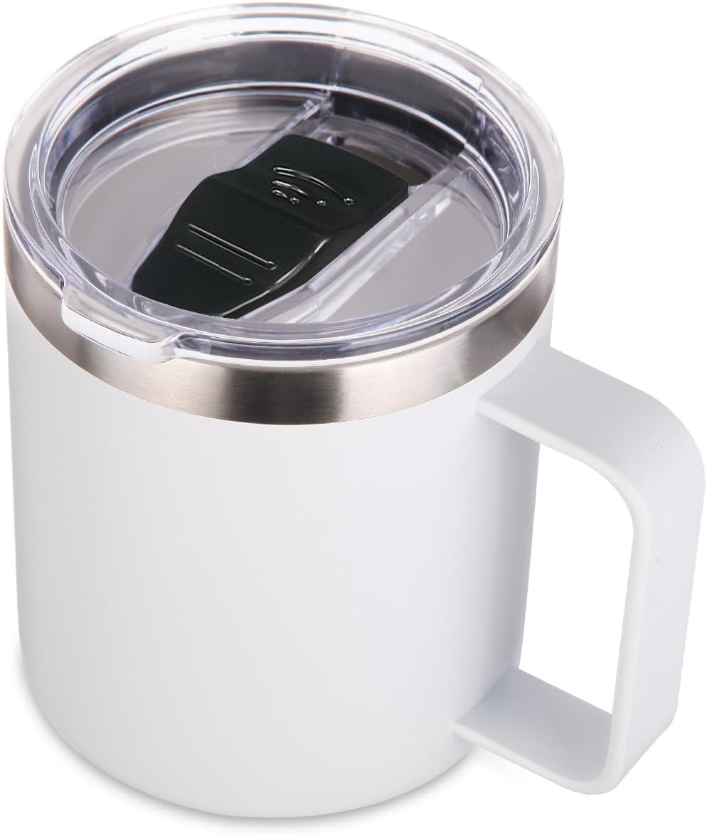 Volhoply 14oz Insulated Stainless Steel Coffee Mug with Leakproof Lid,Double Wall Vacuum Travel Coffee Cup with Handle,Reusable Metal Tumbler,Camping Mugs Keep Hot/Cold,Christmas Gifts(Black,1