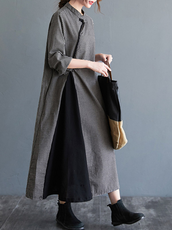 Artistic Retro Plaid Stand Collar Long Cheongsams Dress