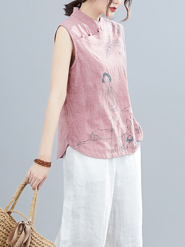Artistic Retro Chinese-Style Printed Buttoned Stand Collar Sleeveless Vest