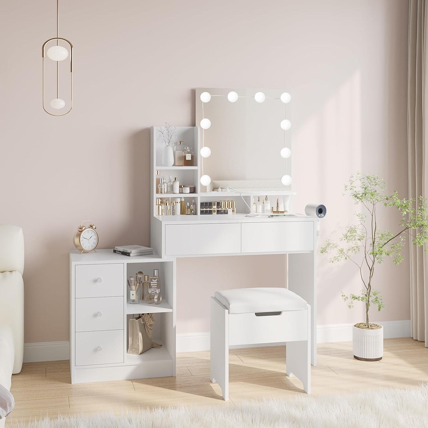 Functional White Vanity Table with 5 Drawers and Lots Storage Shelves for Women Girls