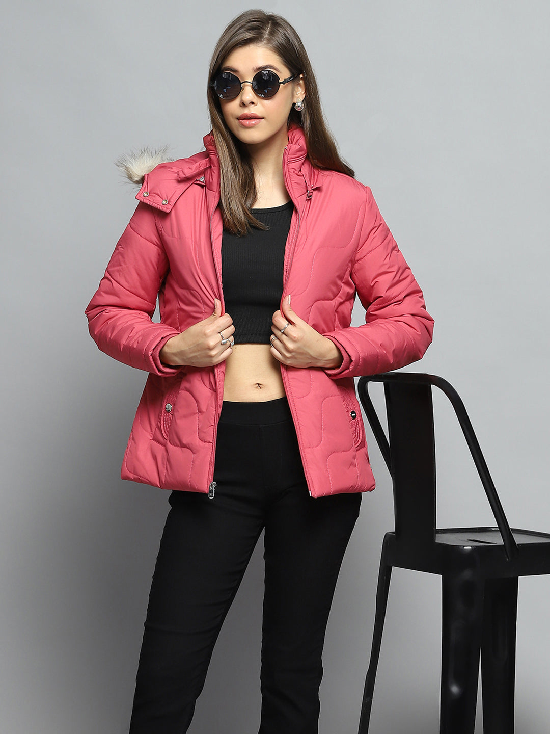 Women Pink Self Design Detachable Hood Full Sleeve Jacket