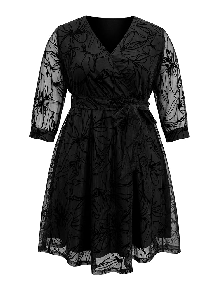 Floral Flocked Tulle Belted Dress