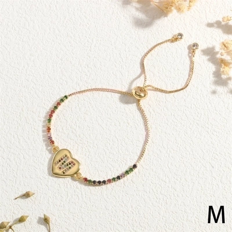 Copper 18K Gold Plated Elegant Romantic Sweet Letter Heart Shape Inlay Zircon Bracelets