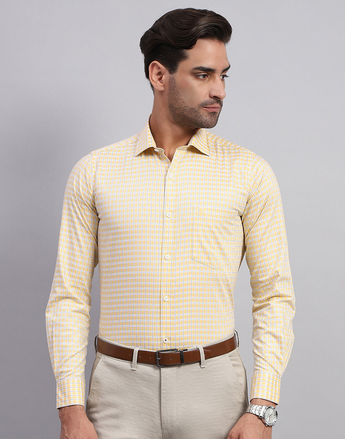 Men Yellow Check Collar Full Sleeve Shirt