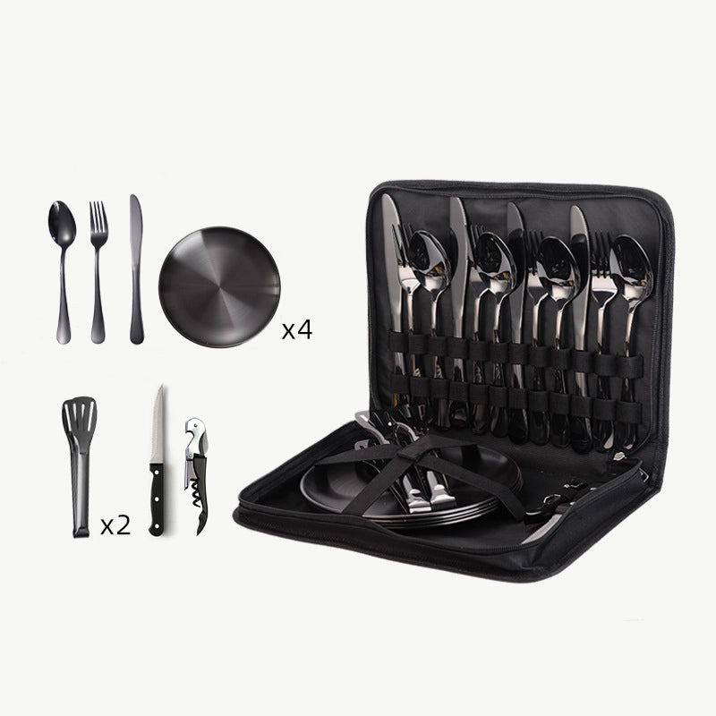 Outdoor Travel Stainless Steel Tableware Camping Picnic Barbecue Plate Clip Steak Knife. Fork And Spoon Suit Portable Storage Bag