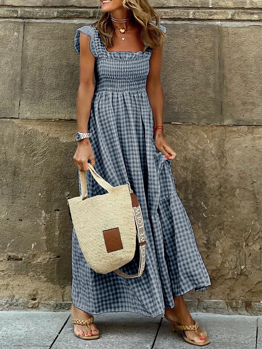 Collage Plaid Halter Casual Big Hem Dresses