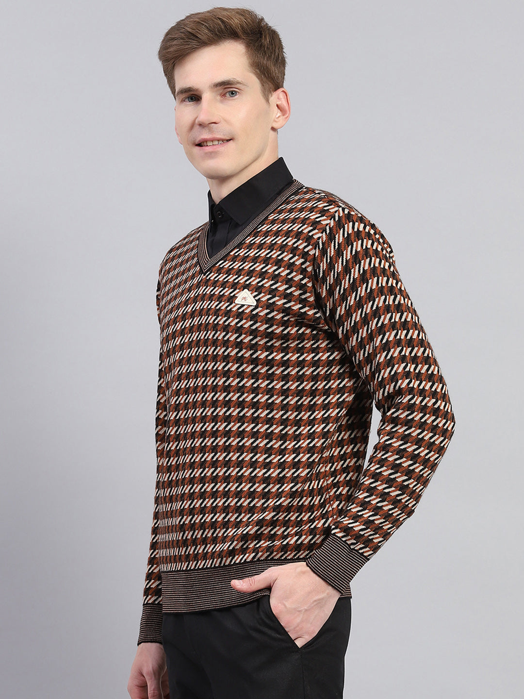 Men Brown Stripe V Neck Full Sleeve Pullover