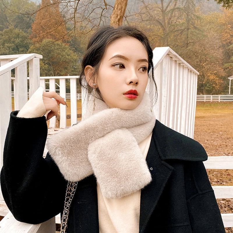 New Winter Faux Rex Rabbit Fur Scarf Women's Warm Anti-wind Necker Solid Color Cross Scarf Mao Scarf