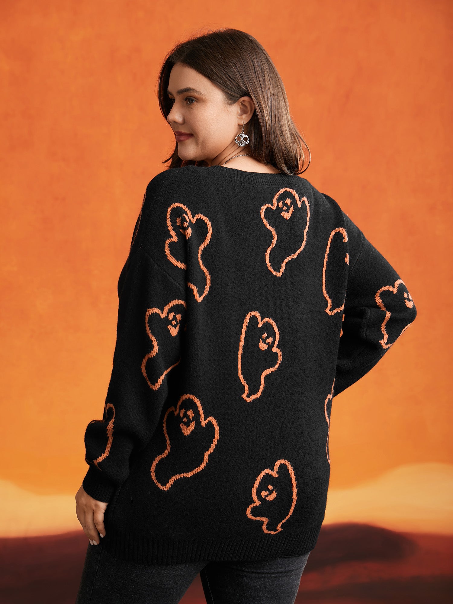 Spooky Ghost Pattern V-Neck Pullover