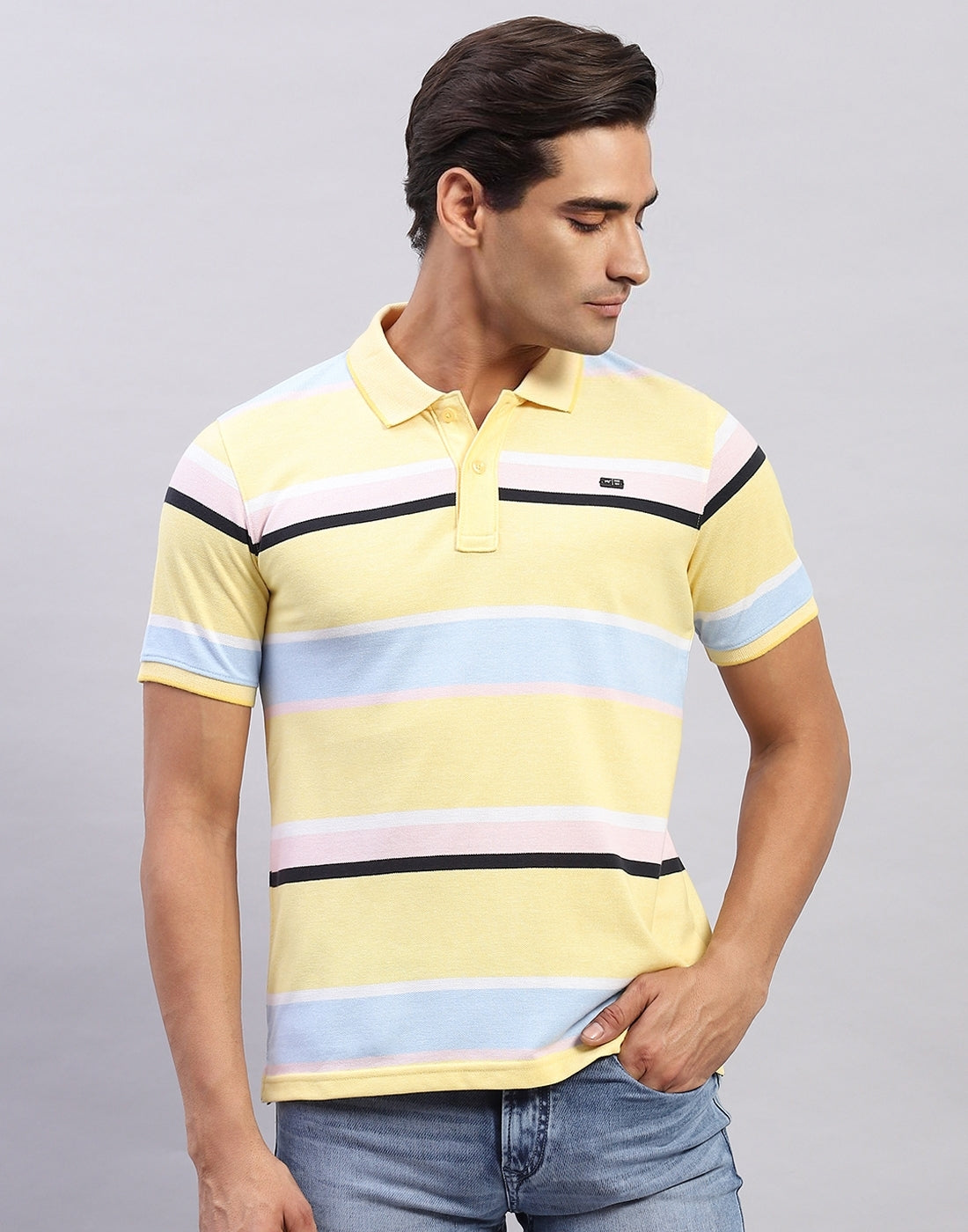 Men Yellow Stripe Polo Collar Half Sleeve T-Shirt