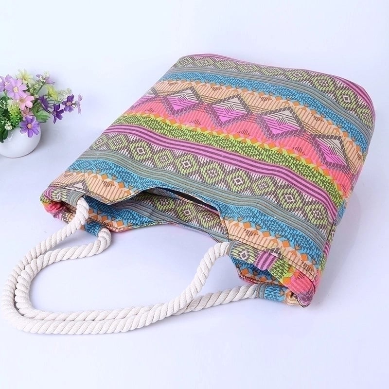 Women's Large Cotton Polyester Stripe Vacation Square Zipper Canvas Bag