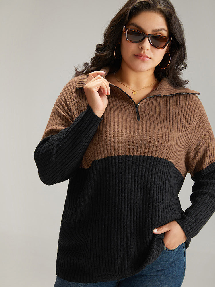 Colorblock Contrast Half Zip Lapel Collar Pullover