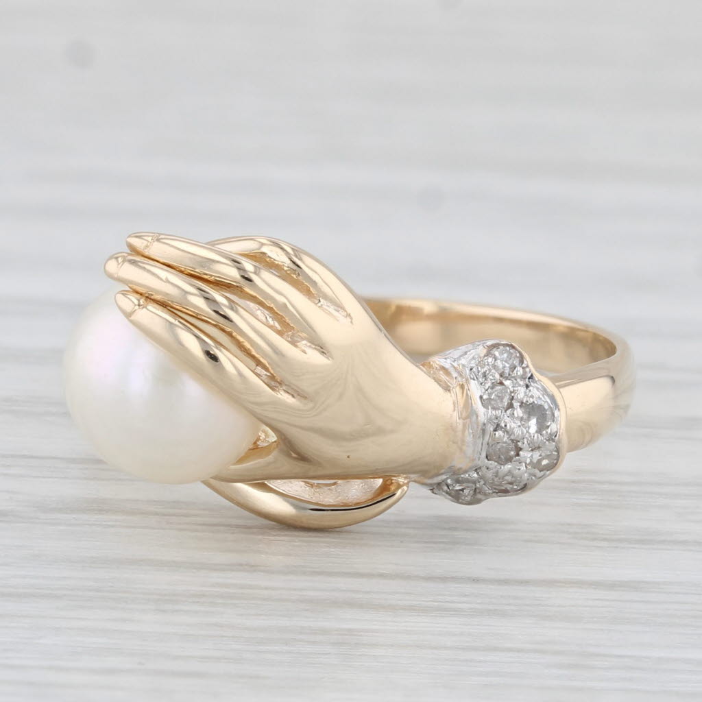 Hand Holding Cultured Pearl Diamond Ring 14k Yellow Gold Size 8.25