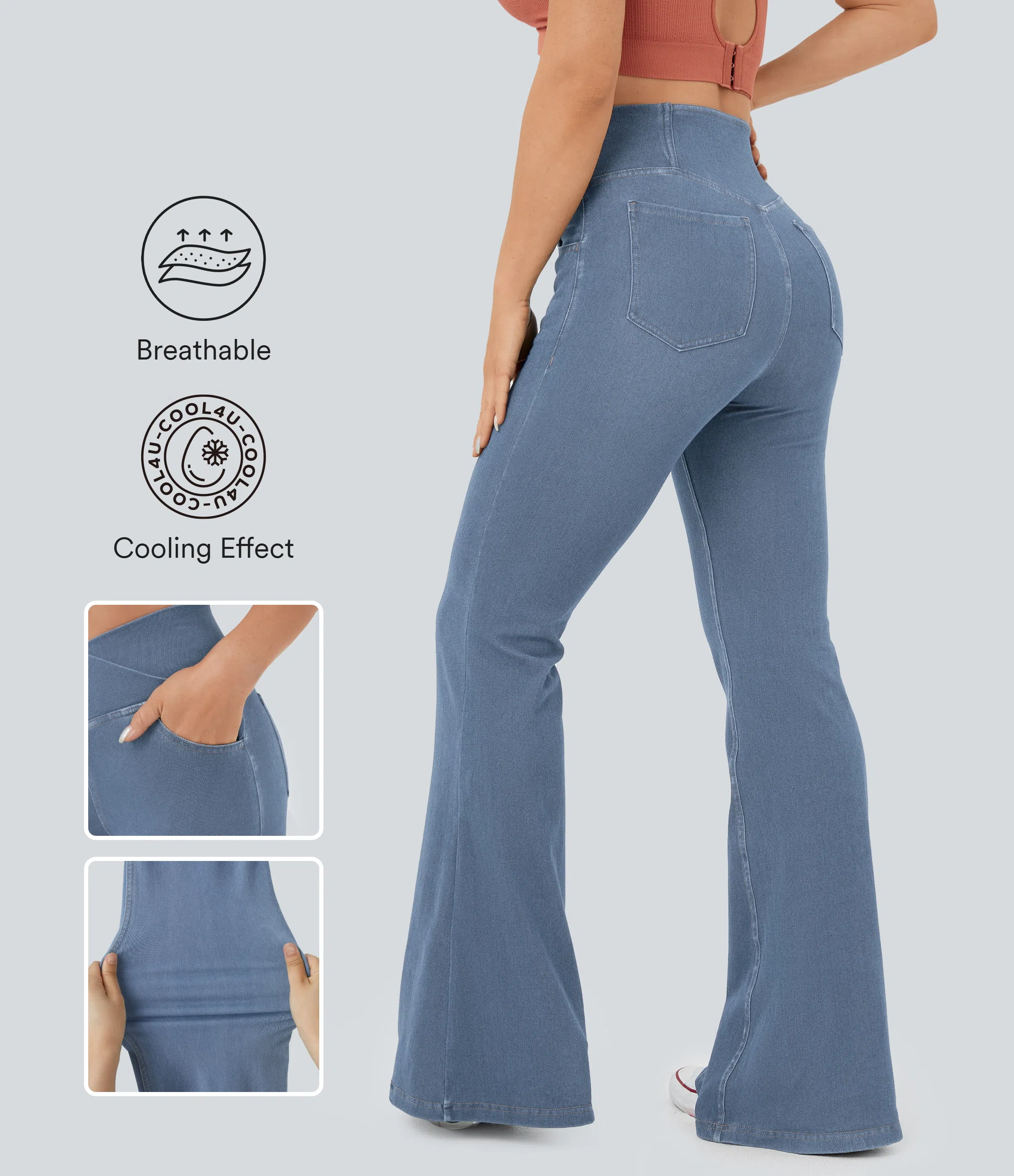 ⚡8 Packs for $25.95⚡- High Waisted Crossover Pocket Washed Stretchy Knit Casual Super Flare Jeans