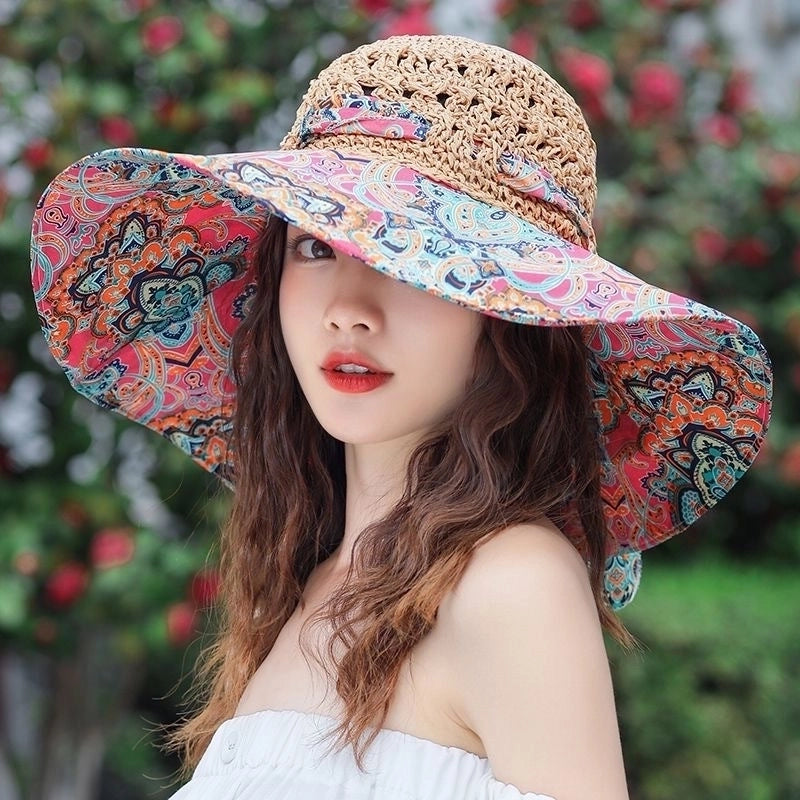 Women's Minimalist Color Block Printing Big Eaves Sun Hat