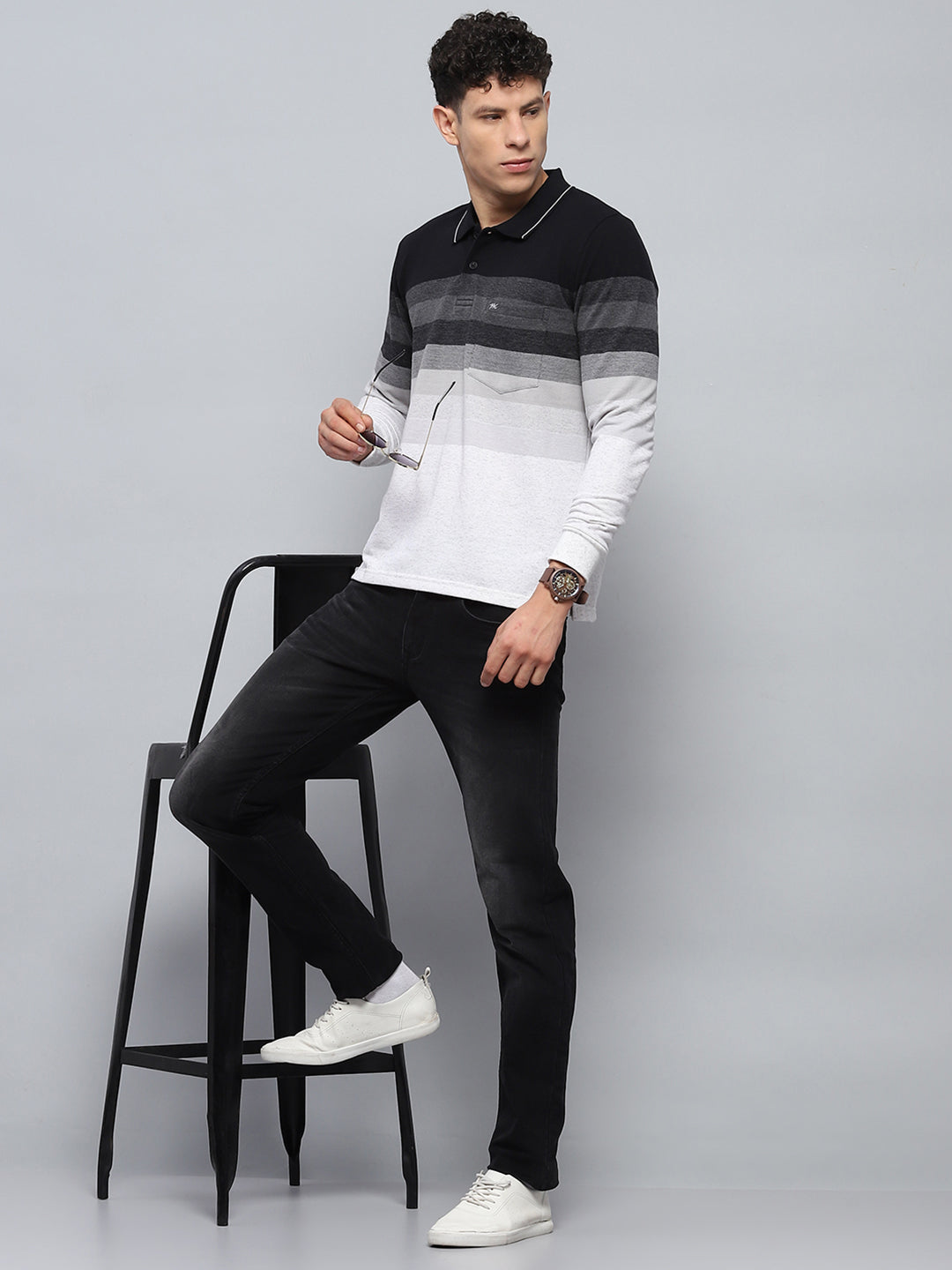 Men Black Stripe Collar Full Sleeve Winter T-Shirt