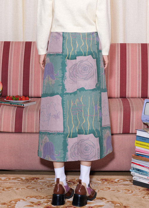 Slim Fit Blue Print High Waist Cotton Skirt Spring