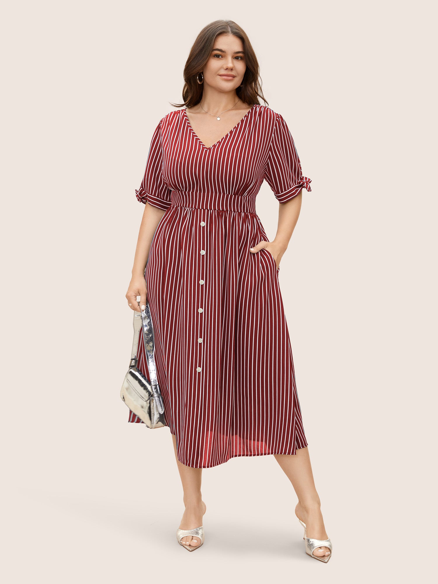 Striped Knot Sleeve Button Detail Dress