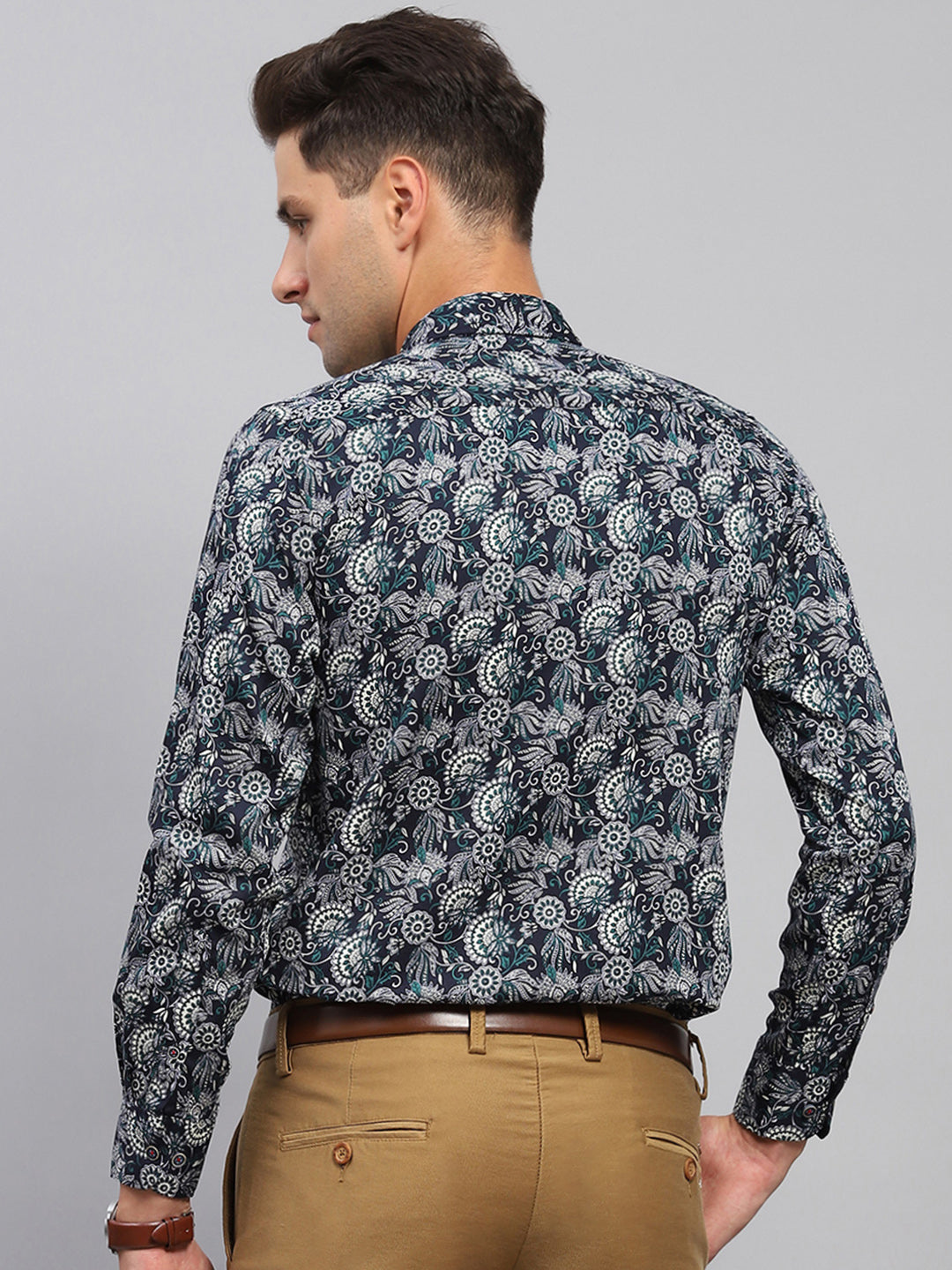 Men Blue Printed Spread Collar Full Sleeve Shirt