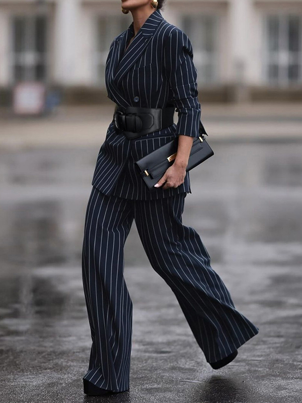 Long Sleeves Belted Striped Notched Collar Blazer Outerwear