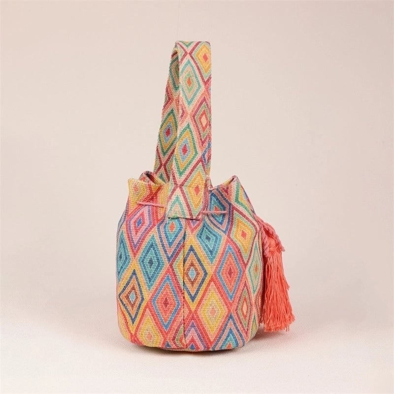 Women's Medium Canvas Geometric Ethnic Style Bucket Open Bucket Bag