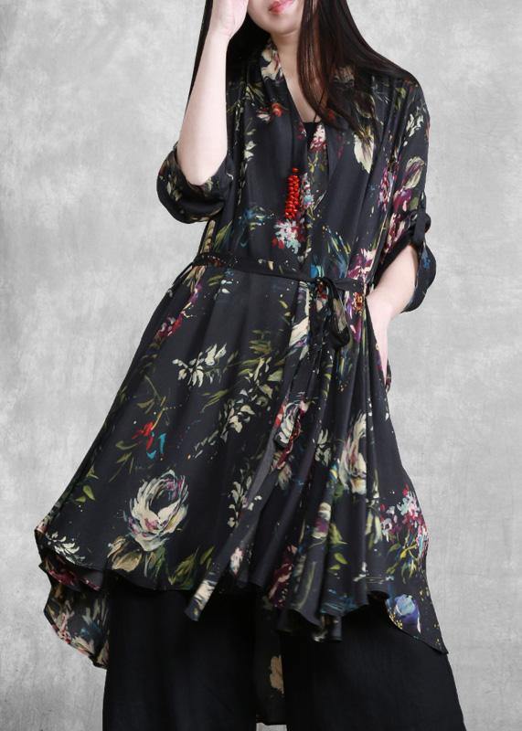 Organic Black Print Plus Size Clothes Tie Waist Cardigan Coat