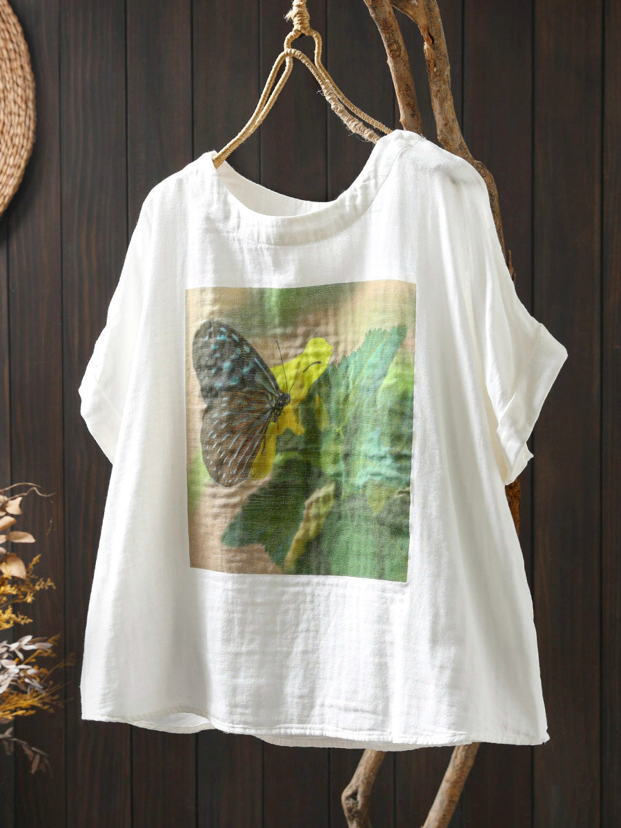 Plus Size Women Summer Casual Print O-Neck Cotton Shirt