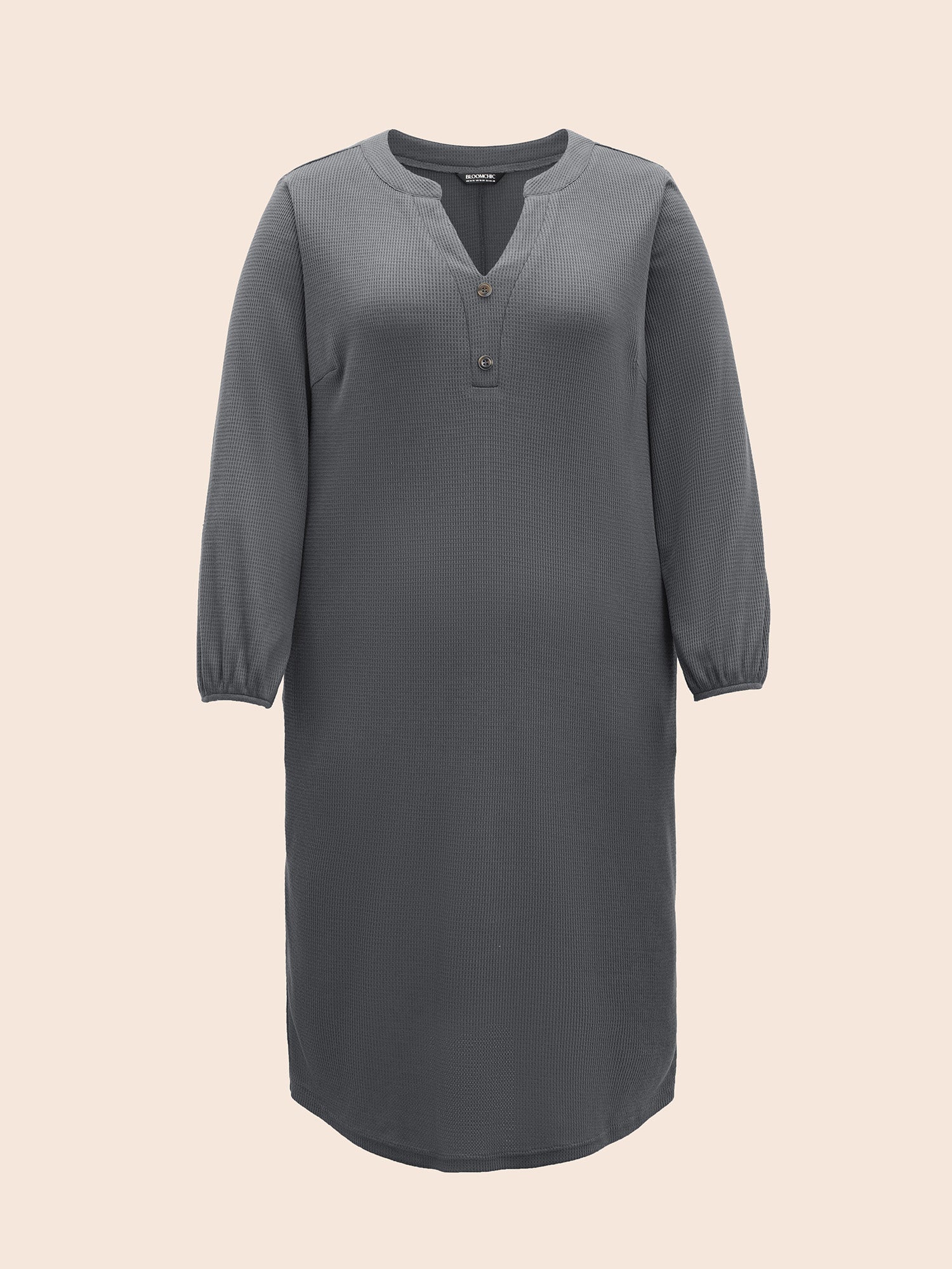 Notched Waffle Knit Button Detail Dress