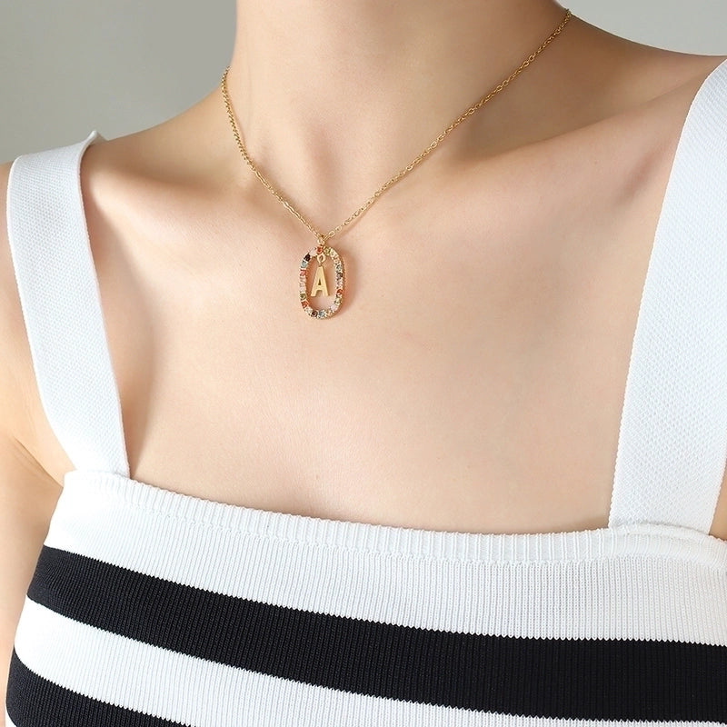 INS Style Letter Oval Titanium Steel Zircon 18K Gold Plated Inlay Necklace