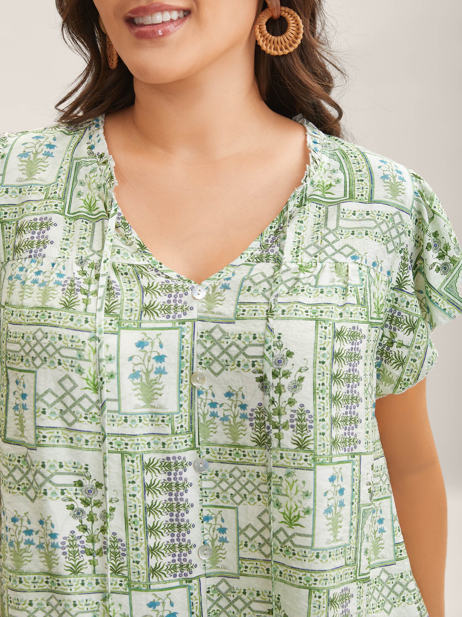 Serene Leaf Collage Flutter Sleeve Blouse