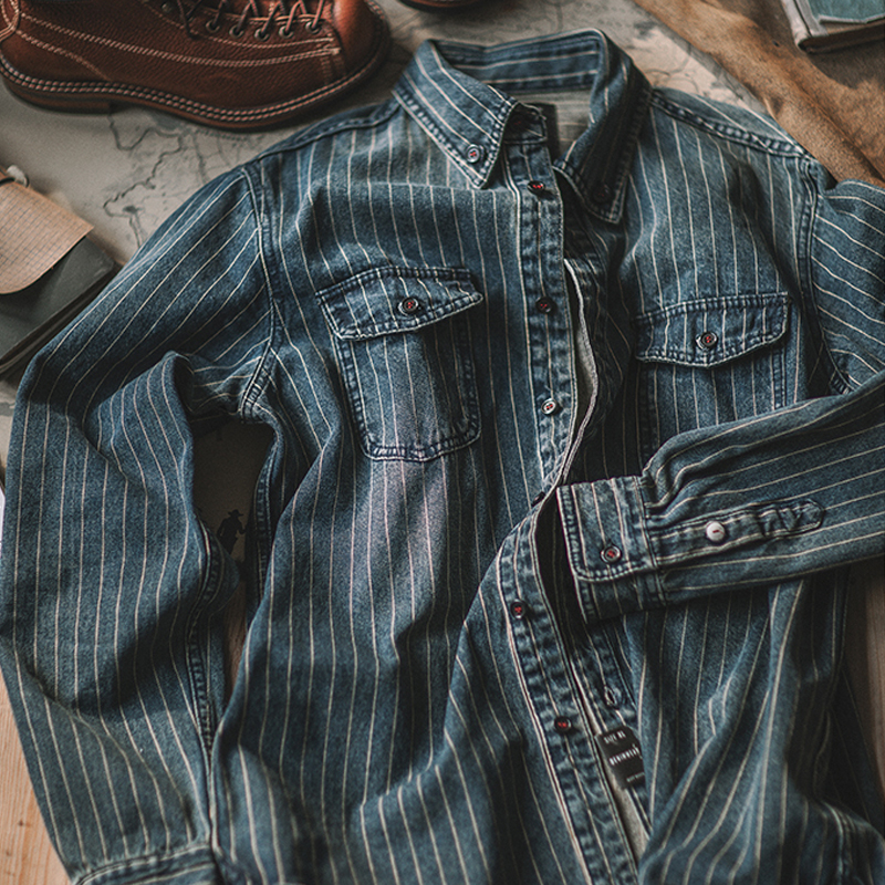 Retro Heavy Vertical Striped Denim Casual Shirt
