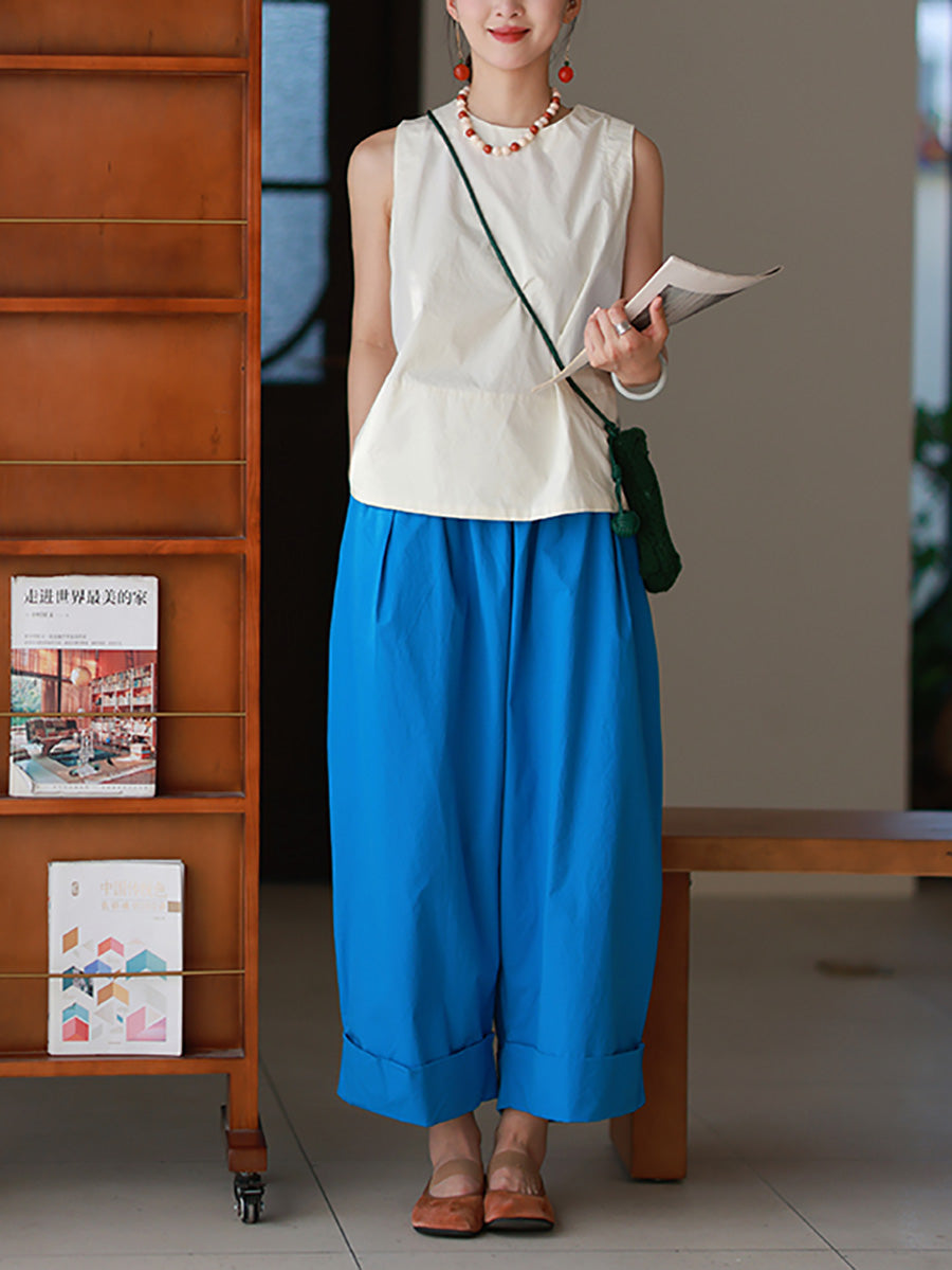 Women Summer Casual Pure Color 100%Cotton Wide-leg Pants