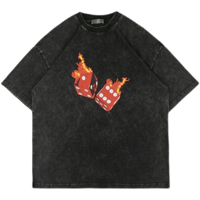 Flaming Dice Distressed Oversized Tee