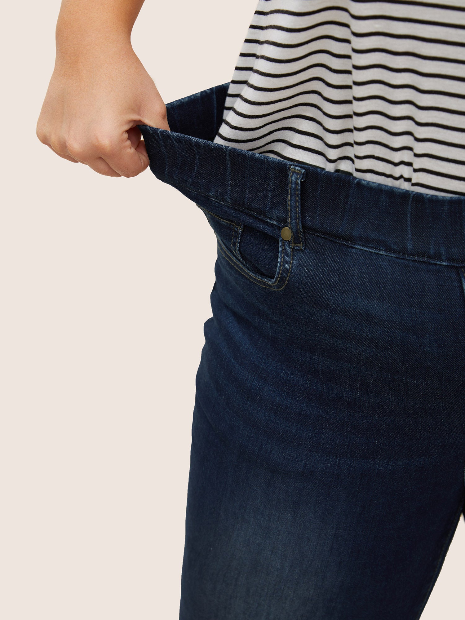 Dark Wash Elastic Waist Roll Hem Jeans