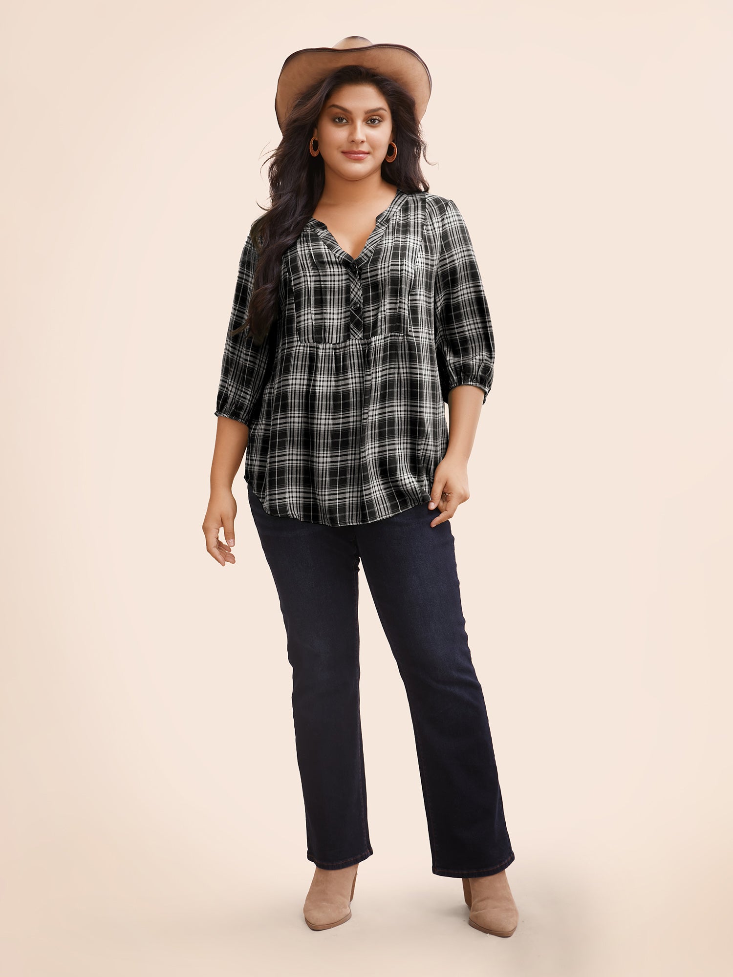 Plaid Pleated Button Placket Blouse