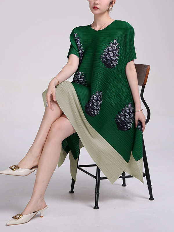 A-Line Loose Flower Print Pleated Round-Neck Midi Dresses