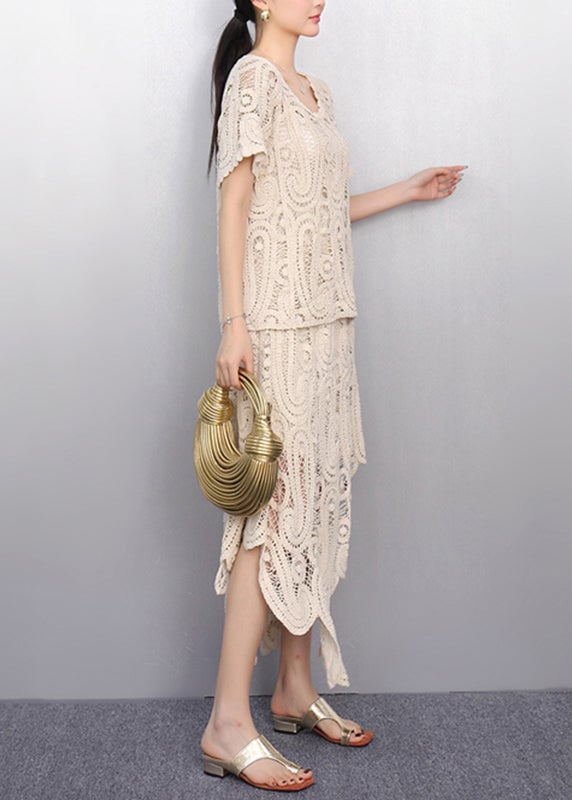 Women Beige O-Neck Lace T Shirt And Maxi Skirts Two Piece Set Short Sleeve