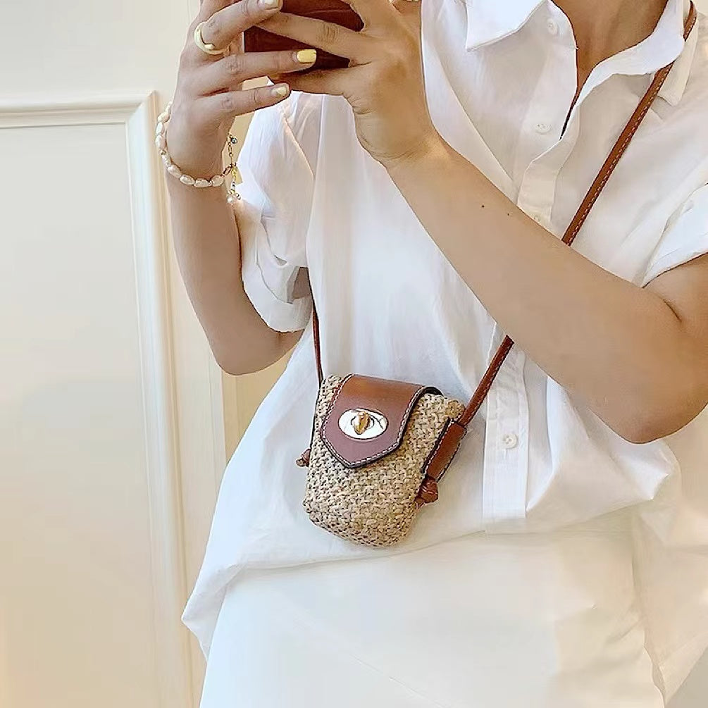 Mini PU Mix Raffia Straw Bucket Crossbody Bag