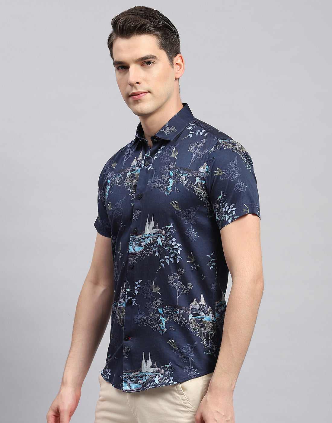 Men Navy Blue Printed Collar Neck Half Sleeve Shirt