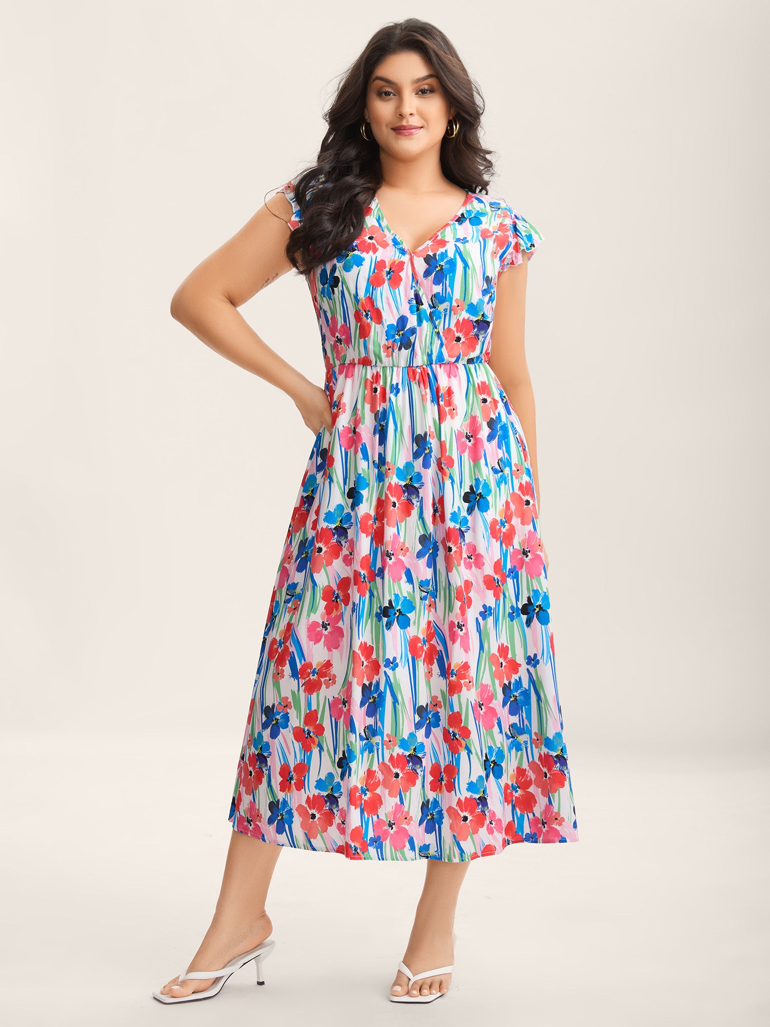 Rayon Floral Print Surplice Pockets Midi Dress