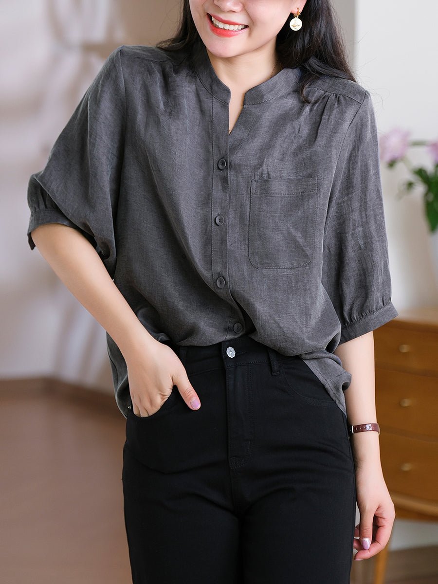 Women Summer Casual Pure Color Pocket V-Neck Shirt